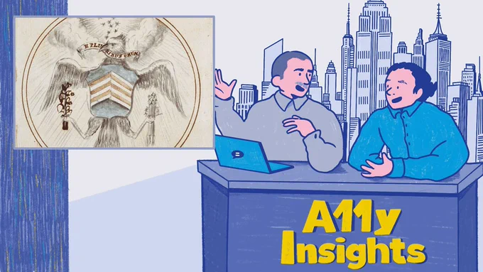 Illustration of Thomas and Ken at a desk with A11y Insights. Thomas has a laptop in front of him. A city skyline is in the distance behind them. The news window shows a sketch of the original design of the great seal of the US (1782) with an eagle, coat of arms, E Pluribus Unum banner in eagle's mouth. It holds items in its claws. 