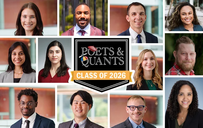 Collage featuring portrait photos of 12 diverse individuals with a banner stating "Poets & Quants CLASS OF 2026" at the center.