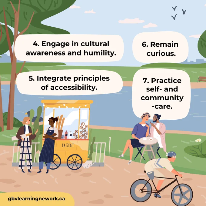 4. Engage in cultural awareness and humility.
5. Integrate principles of accessibility.
6. Remain curious.
7. Practice self- and community-care.