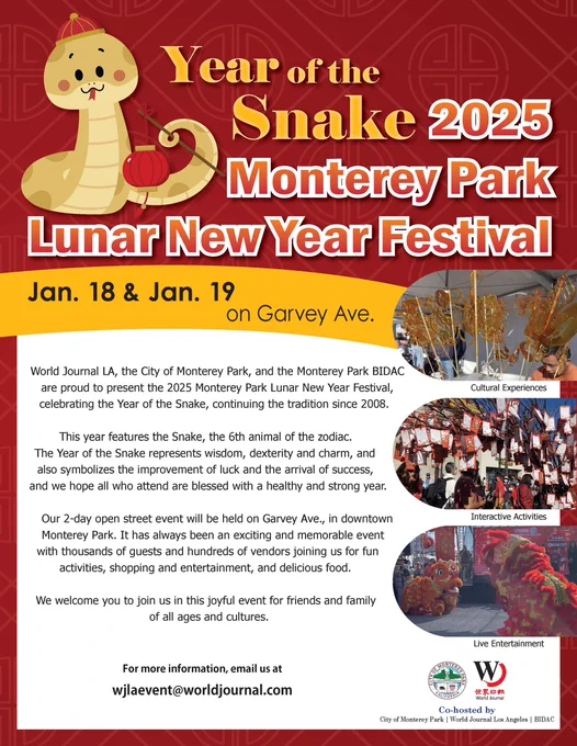 Year of the Snake Lunar New Year flyer with a cartoon snake, event details, and photos of cultural activities and entertainment.