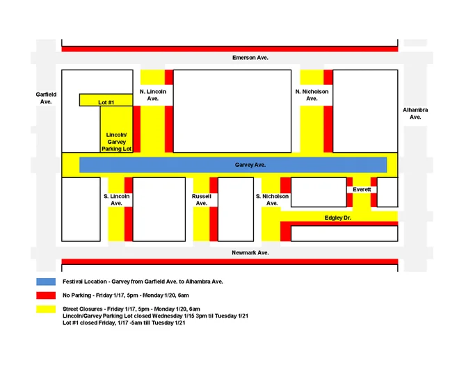 Street closures map for Monterey Park Lunar New Year Festival with festival location, no-parking zones, and closed streets marked.
