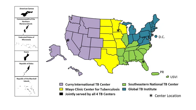 A map of the United States showing the four TB Centers of Excellence areas of coverage.