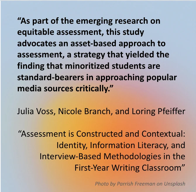 The image includes a quote from Julia Voss, Nicole Branch, and Loring Pfeiffer’s “Assessment is Constructed and Contextual: Identity, Information Literacy, and Interview-Based Methodologies in the First-Year Writing Classroom.” The quote reads: “As part of the emerging research on equitable assessment, this study advocates an asset-based approach to assessment, a strategy that yielded the finding that minoritized students are standard-bearers in approaching popular media sources critically.”