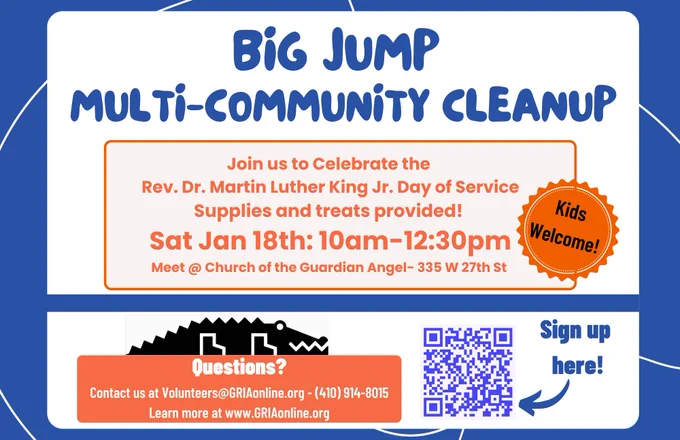 a flyer for the Big Jump Multi-Community Cleanup saying to meet at Church of the Guardian Angel at 10am on Sat. Jan 18th. Kids welcome. 