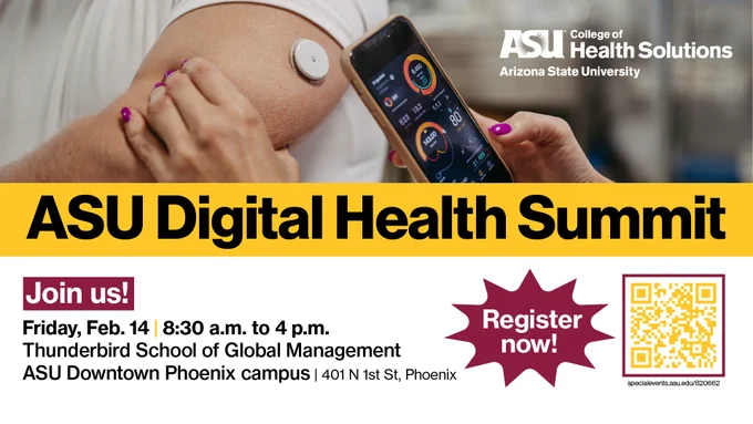 Advertisement for the ASU Digital Health Summit with event details and a QR code.