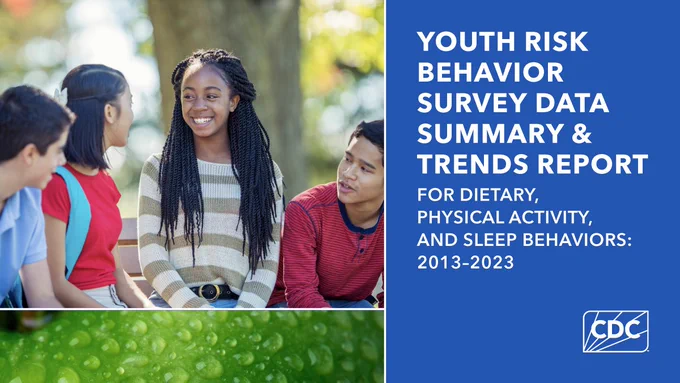 Four smiling teens. Youth Risk Behavior Survey Data Summary & Trends Report for Dietary, Physical Activity, and Sleep Behaviors: 2013–2023. CDC (logo).