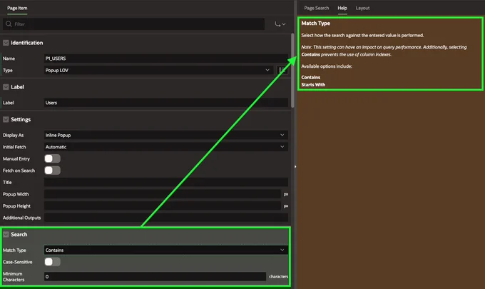 Screenshot showing the new attribute to define the match type of the Popup LOV