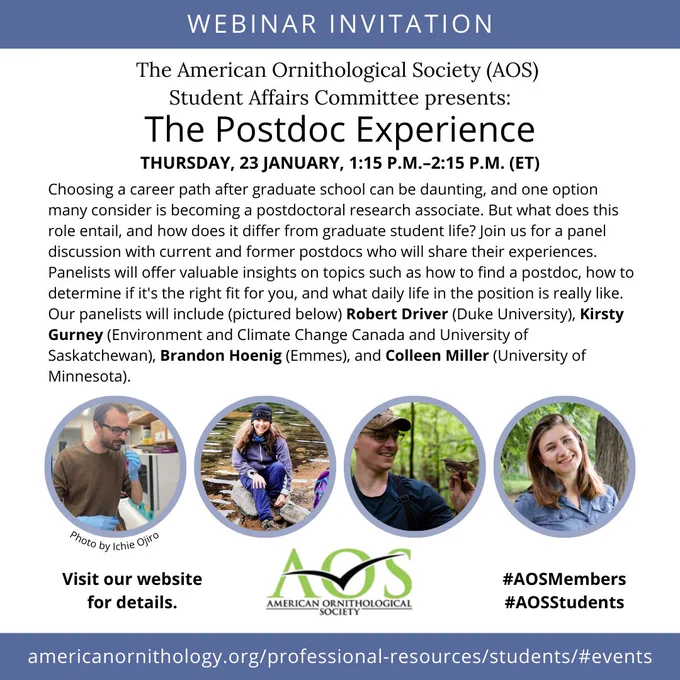 AOS Student Affairs Committee presents The Postdoc Experience, Thurs, 1/23, 1:15-2:15pm ET. Choosing a career path after graduate school can be daunting & one option is becoming a postdoctoral research associate. What does this role entail & how does it differ from graduate student life? Join our discussion with current & former postdocs. Panelists will offer insights on topics such as how to find a postdoc, how to determine if it's the right fit & what daily life in the position is like. 