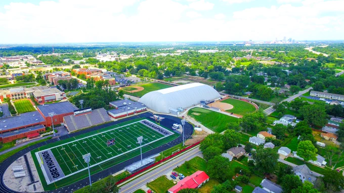 An overhead shot of the University of Indianapolis athletic facilities, with the school’s campus.