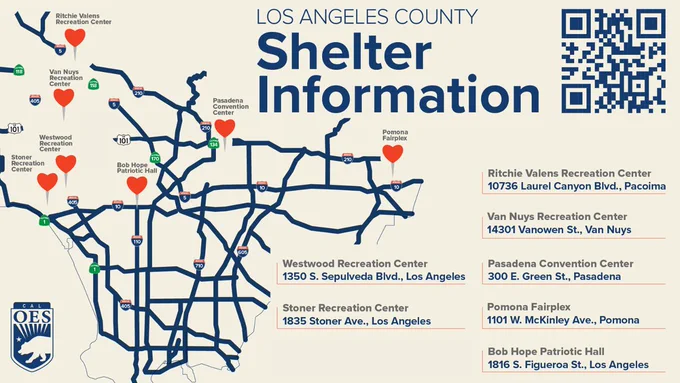 Image of a map with pins on it. Text reads Los Angeles County Shelter Information with a QR code and the Cal OES Logo