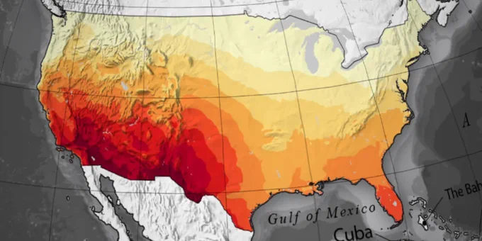 Color-coded topographical map of the United States showing varying elevation levels.