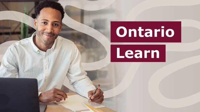 Student working on a laptop with copy that reads "Ontario Learn"