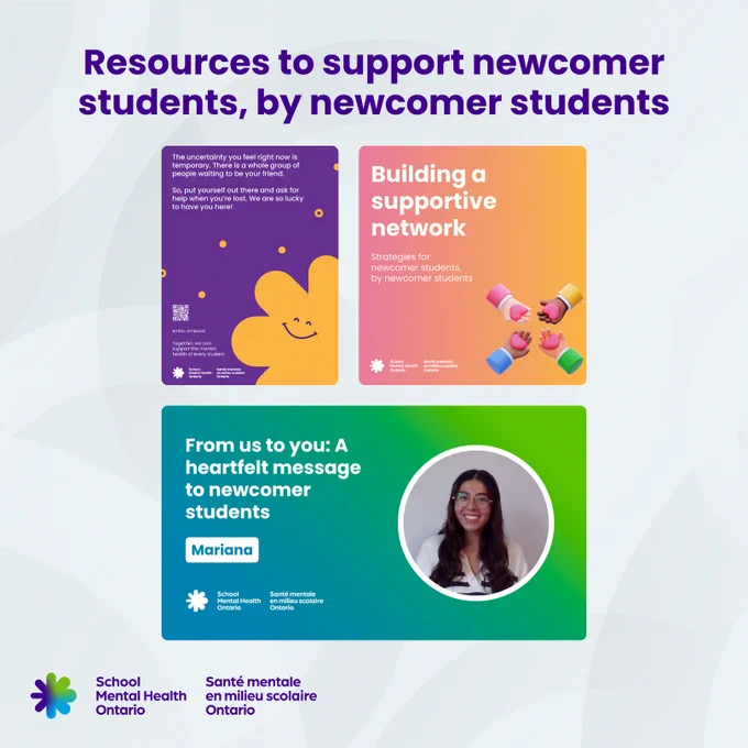 Three screenshots of School Mental Health Ontario's resources to support newcomer students, by newcomer students.