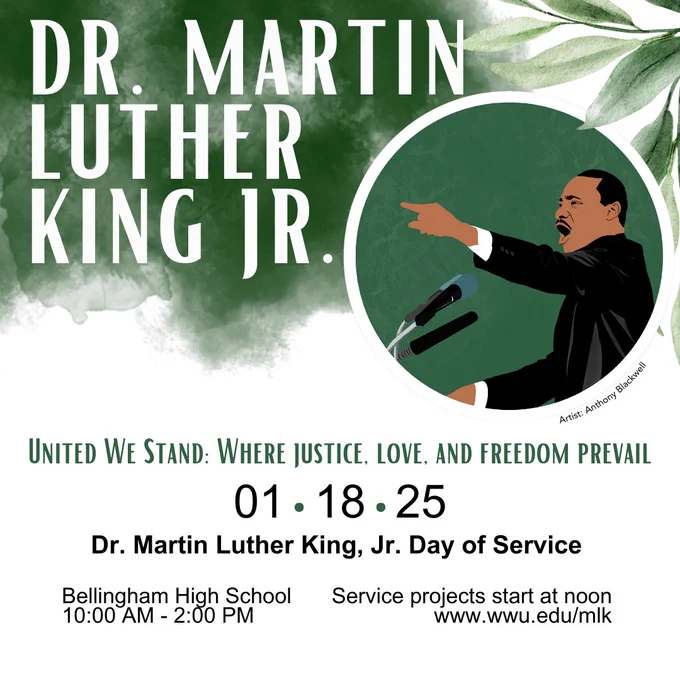 MLK graphic with Dr. Martin Luther King Jr. text title and illustration of MLK by Anthony Blackwell along with event details