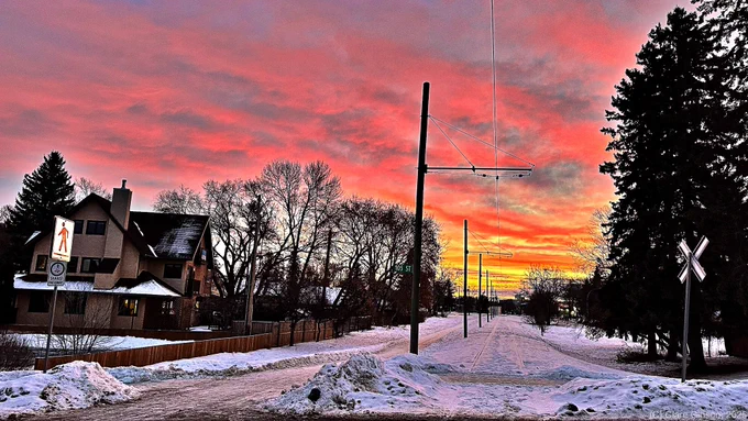Sunrise of yellows, purples and pinks. Photo is taken looking down streetcar tracks. There is snow in the forks either side, trees to the left and right and a house on the left