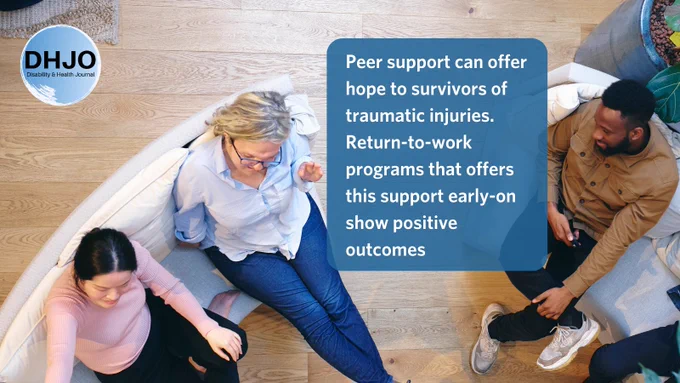 Peer support can offer hope to survivors of traumatic injuries. Return-to-work programs that offer this support early-on show positive outcomes. Three people are seated in a circle in an open office area. Disability and Health Journal logo.
