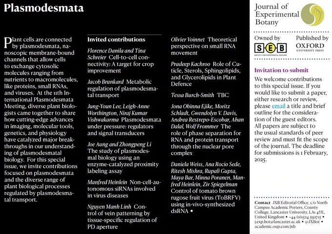 Rear side of a postcard to promote an upcoming special issue of the Journal of Experimental Botany titled "Plasmodesmata". This side outlines the expected reviews and provides an invitation to submit along with the submission deadline of 1st February 2025.