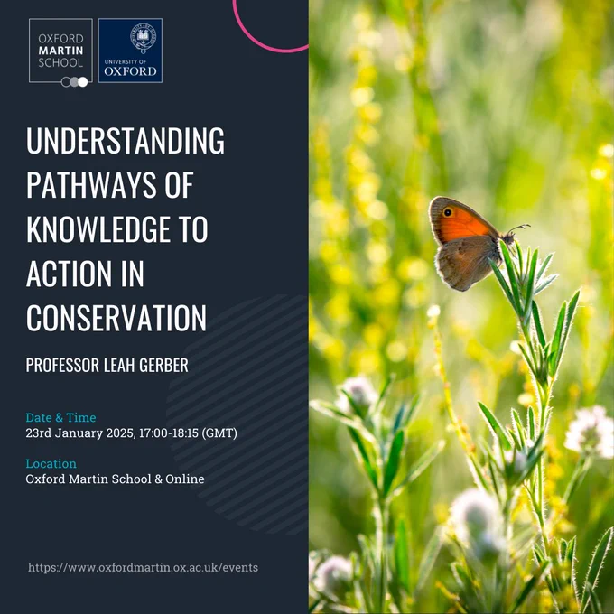 An event poster with text on the left reading Understanding Pathways of Knowledge to Action in Conservation with Prof Leah Gerber (including the date, time and location details), and an image of a butterfly in a field on the right.