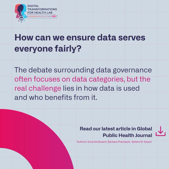 Image with a grey background announcing DTH-Lab's latest article in the Global Public Health Journal, authored by Ilona Kickbusch, Barbara Prainsack, and Seliem El-Sayed. Text reads: 'How can we ensure data serves everyone fairly?' and 'The debate surrounding data governance often focuses on data categories, but the real challenge lies in how data is used and who benefits from it.'