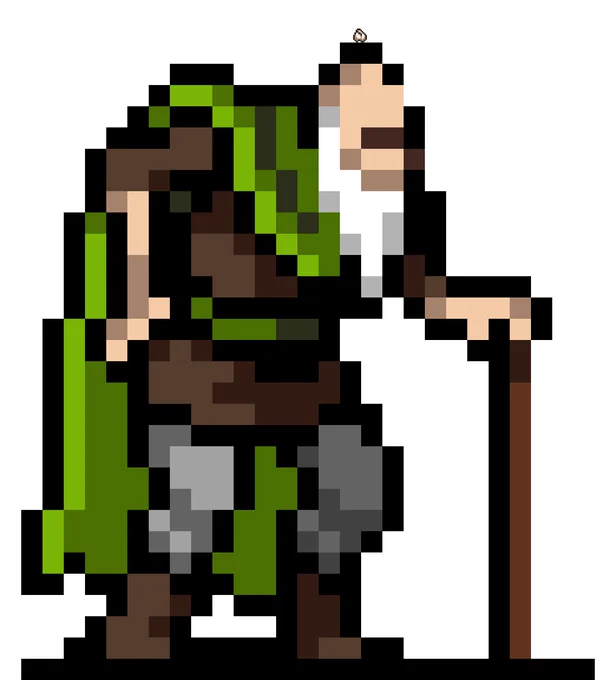 An image of Poe in pixel art from Vampire Survivors. There is a small garlic sprite on top of his head.