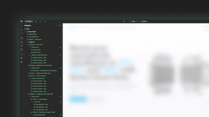 Webflow Designer UI - Open navigator panel with many visible Webflow components