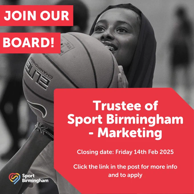 Promotional image for Sport Birmingham featuring a joyful person holding a basketball, inviting applications for a Trustee of Marketing role. Application deadline is February 14, 2025.