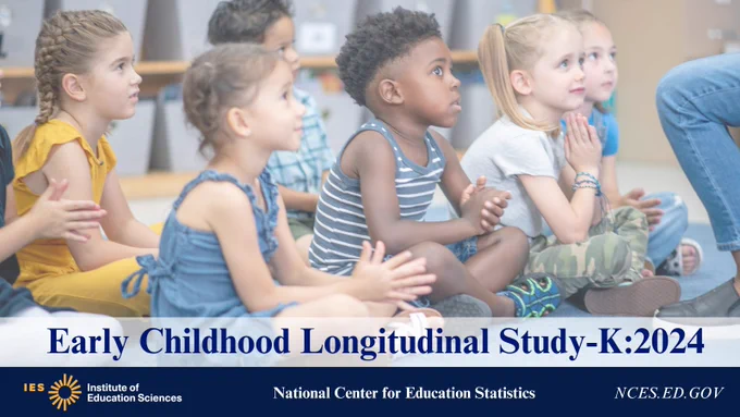 Social media platform graphic featuring young children sitting on the floor. Used to announce the Early Childhood Longitudinal Study-K: 2024. 