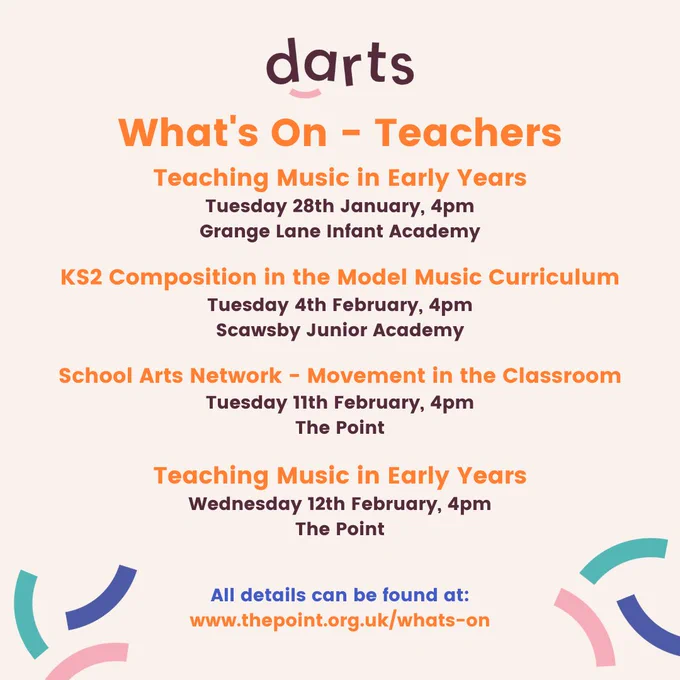 Three images, all with orange and plum text on a cream background list all of the sessions for darts' 2025 CPD programme for teachers. At the top of each image is the darts logo and at the bottom are three squiggly shapes in blue, teal and pink in each corner.