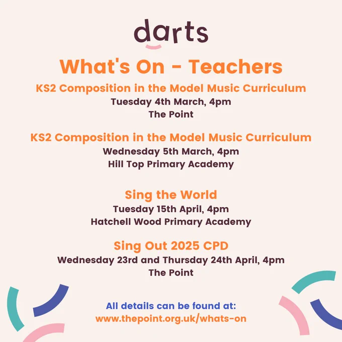 Three images, all with orange and plum text on a cream background list all of the sessions for darts' 2025 CPD programme for teachers. At the top of each image is the darts logo and at the bottom are three squiggly shapes in blue, teal and pink in each corner.