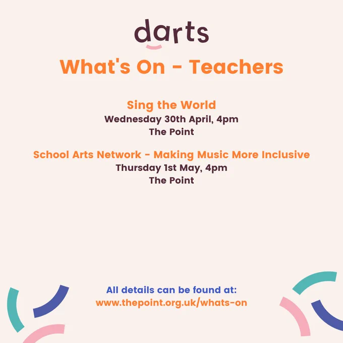 Three images, all with orange and plum text on a cream background list all of the sessions for darts' 2025 CPD programme for teachers. At the top of each image is the darts logo and at the bottom are three squiggly shapes in blue, teal and pink in each corner.