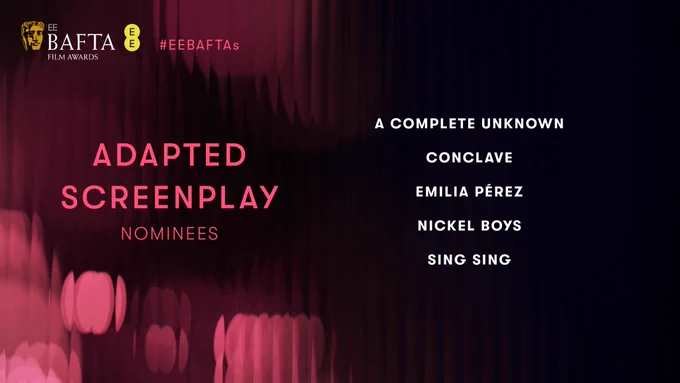 A graphic with burgundy bokeh patterns on the left hand side that fades in a gradient to black on the right. The EE BAFTA Film Awards logo sits in the top left corner next to the #EEBAFTAs hashtag. The text on the card reads ‘Adapted Screenplay Nominees’ on the left and on the right the nominees are listed top to bottom: A Complete Unknown, Conclave, Emilia Pérez, Nickel Boys and Sing Sing.