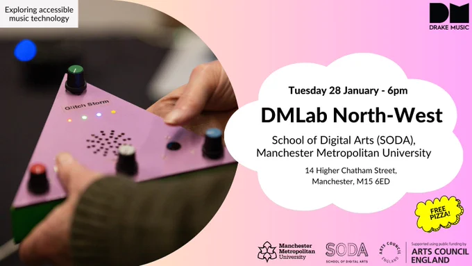 A event flyer featuring an image of a purple triangular-shaped accessible instrument. All text described in full in caption.