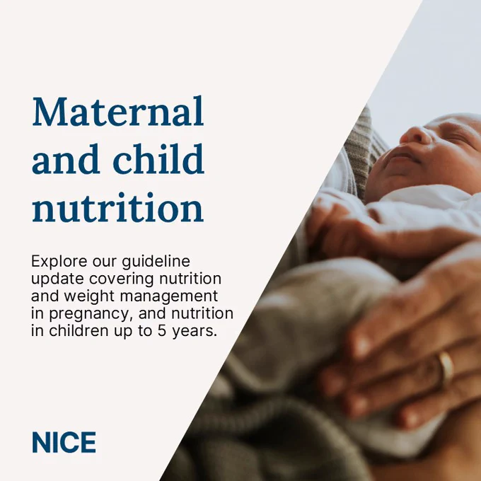 Newborn baby sleeping while being cradled in arms. Text reads: Maternal and child nutrition. Explore our guideline update covering nutrition and weight management in pregnancy, and nutrition in children up to 5 years.