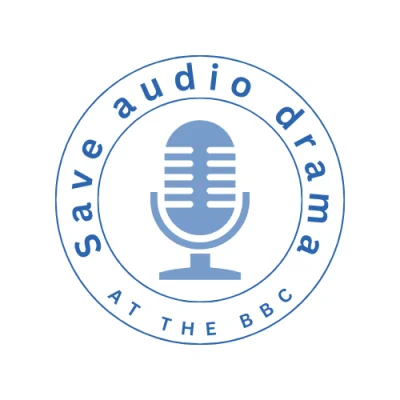 Circular blue graphic depicting radio mic and the words 'Save Audio Drama at the BBC'