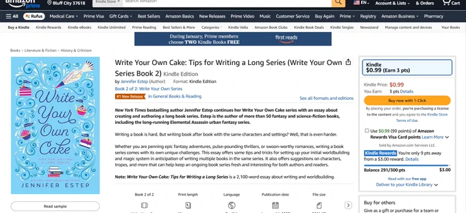Screenshot of Write Your Own Cake: Tips for Writing a Long Series at Amazon with #1 New Release orange flag