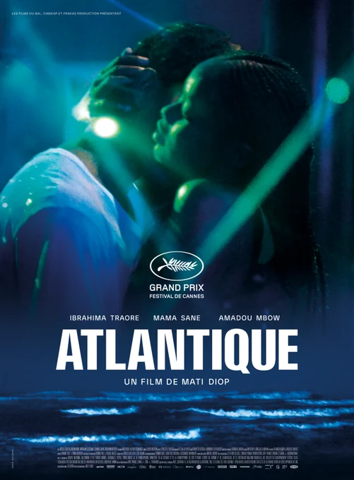 On the right, a poster for the 2019 feature-length film ATLANTIQUE (a.k.a. ATLANTICS) in hues of oceanic blue and green, showing an African couple embracing above an ominous shot of the ocean at night.
