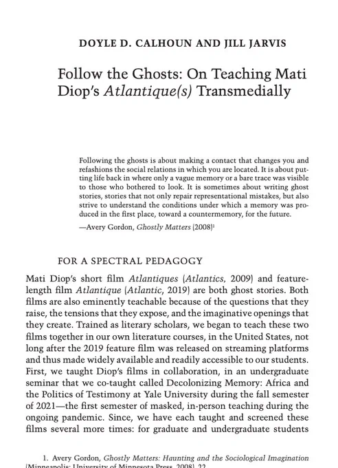On the left, a screenshot of the article "Follow the Ghosts: On Teaching Mati Diop's Atlantique(s) Transmedially" in plain text.