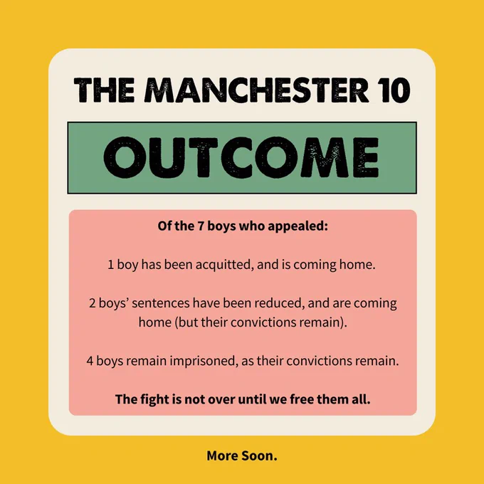 It’s a deeply bittersweet, heartbreaking and mixed outcome.

We will not stop the fight and support, there are still battles to be won. 

Free The Manchester 10. 
Free them all. 

More soon.