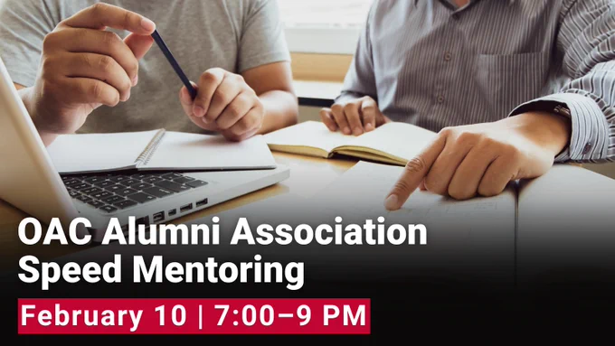 Two individuals reviewing documents at a table.

Text reads: OAC Alumni Association 
Speed Mentoring, February 10 | 7:00–9 PM