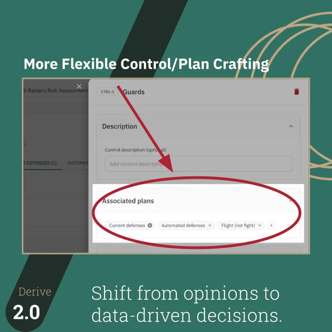 "Screenshot from Derive 2.0 showcasing flexible control and plan crafting. The interface highlights the 'Guards' section, with options to add a description and associate plans such as 'Current defenses,' 'Automated defenses,' and 'Flight (not fight).' A red arrow points to the 'Associated plans' field. The caption reads 'Shift from opinions to data-driven decisions,' emphasizing streamlined control-plan customization."