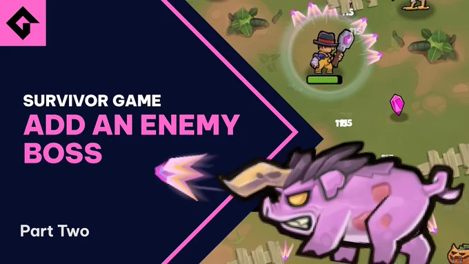 "Survivor Game Add An Enemy Boss Part Two" in white and pink text on top of a dark blue pointed cut out. To the right a Big boss pig makes a change attack