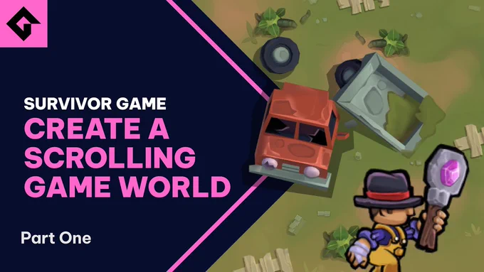 "Survivor Game Create A Scrolling Game World Part One" in white and pink text on top of a dark blue pointed cut out. The right right has a cartoon farmer with a wand running past a ruins car. 