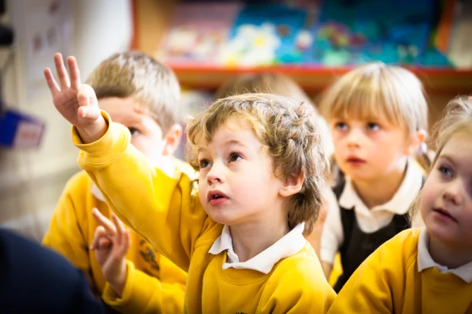 A rapt primary pupil raises her hand in the classroom to answer a question