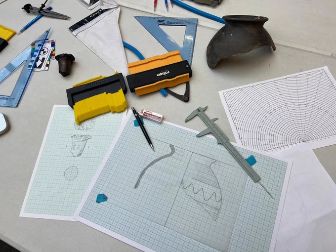 Archaeological illustration club in action, featuring all the equipment needed.  