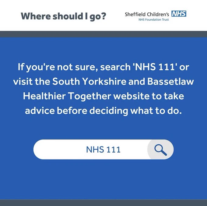 Blue design with an illustration of a search bar. Text reads: If you’re not sure, search 'NHS 111' or visit the South Yorkshire and Bassetlaw Healthier Together website to take advice before deciding what to do.