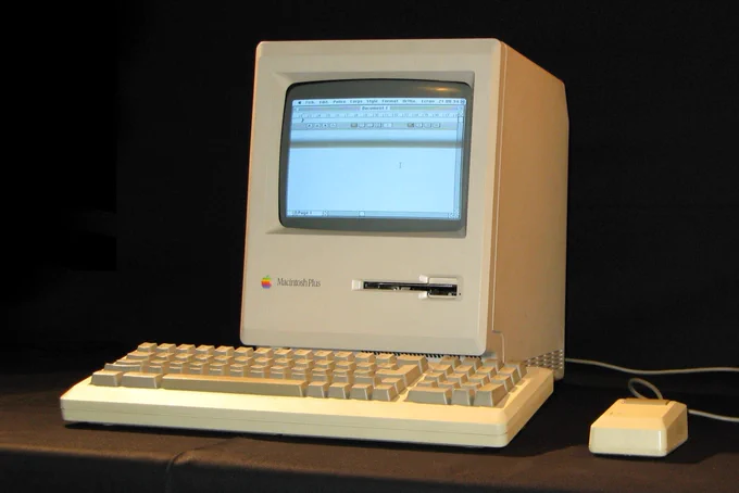 a Macintosh Plus with a keyboard and mouse.