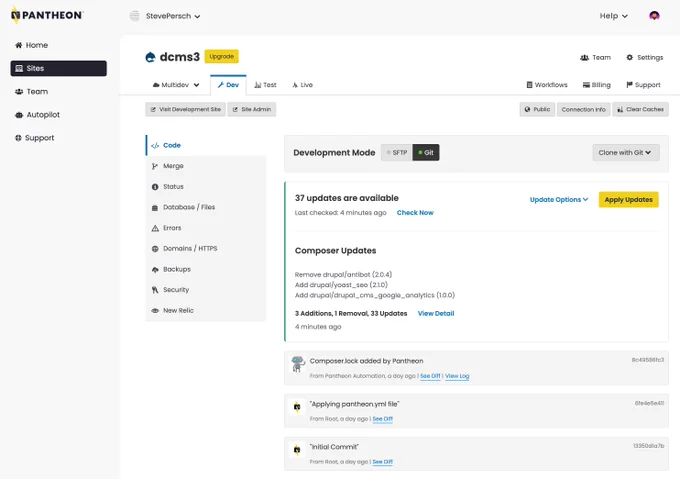 A screenshot of the Pantheon dashboard showing available updates to a Drupal CMS site