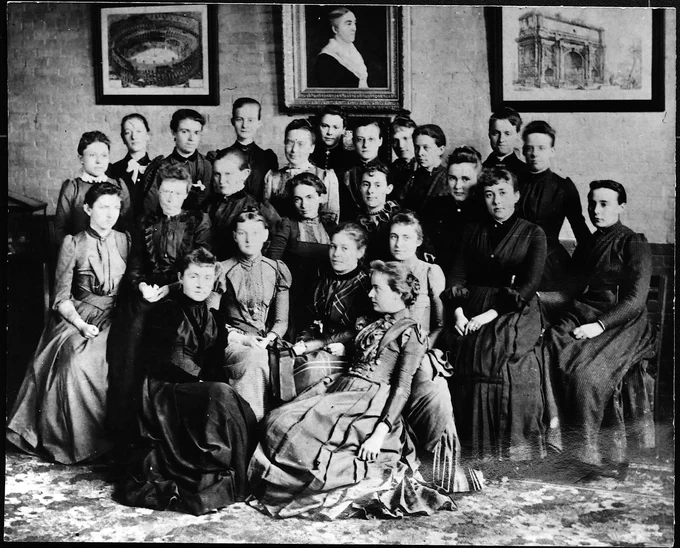 Black and white photo of a group of women students at MIT from 1893