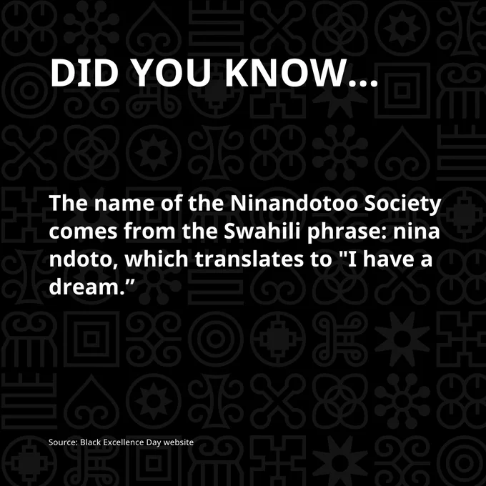 Bold text at the top reads DID YOU KNOW... followed by text reading: the name of the Ninandotoo Society comes from the Swahili phrase: nina ndoto, which translates to I have a dream. The background has low opacity Adinkra symbols.
