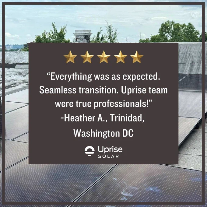 A five star review for Uprise Solar from a customer who mentions a seamless transition.